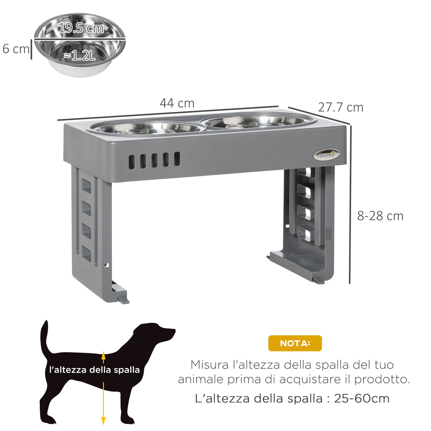 PAWHUT SET 2 COOTles for 1.2L Dogs with Removable legs, in ABS and steel, 44x27.7x28 cm, gray and silver - Borgè