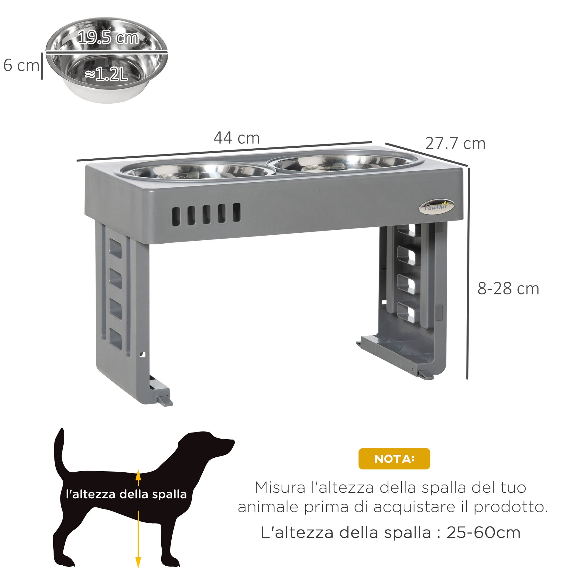 PAWHUT SET 2 COOTles for 1.2L Dogs with Removable legs, in ABS and steel, 44x27.7x28 cm, gray and silver - Borgè