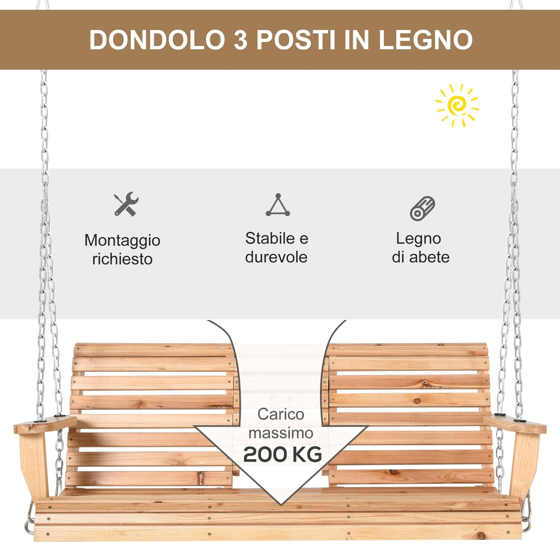 3 -seater suspended rocking outsunny, wooden rocking for garden or terrace with folding coffee table and doorbed - Borgè