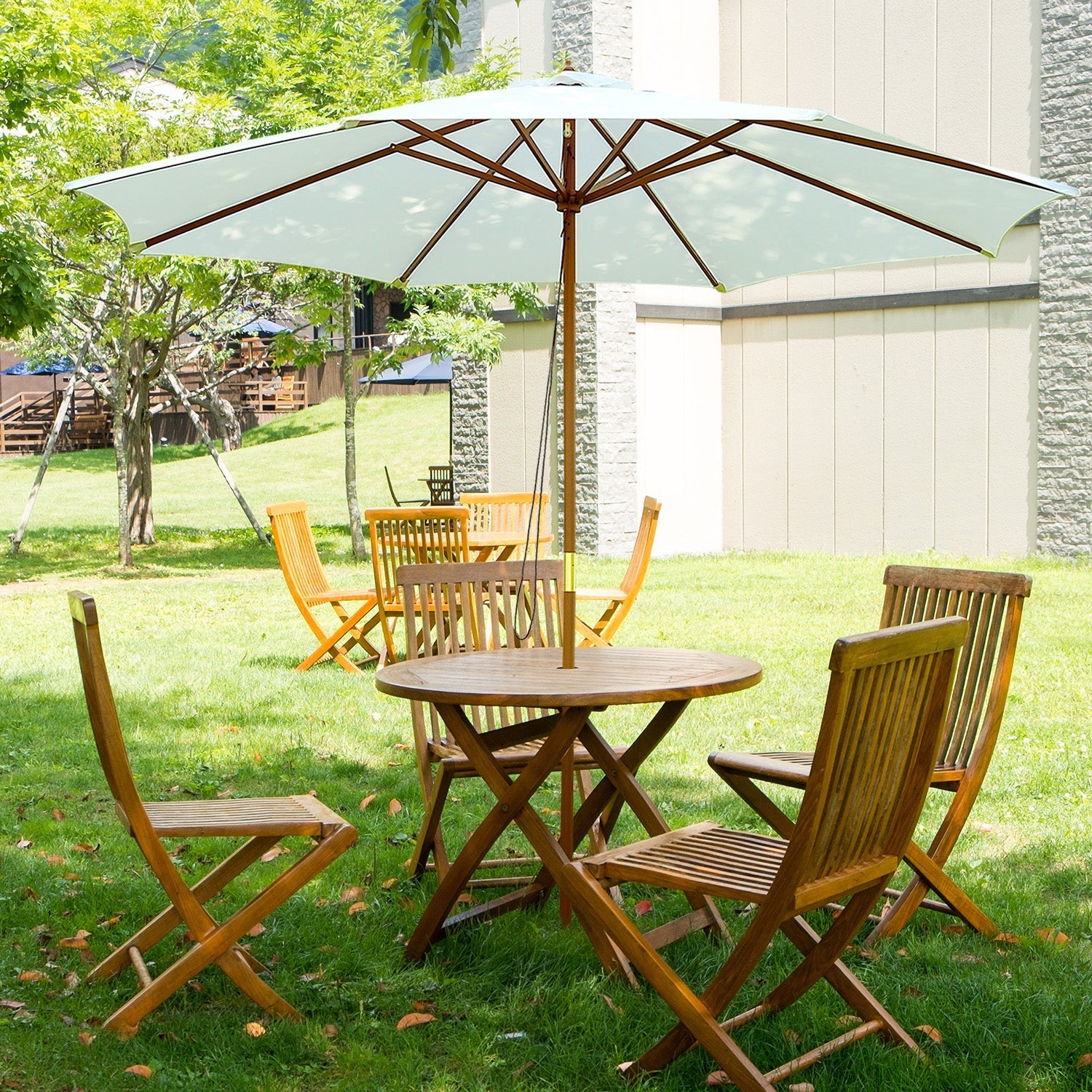 3x2.5 m Garden Umbrella with 8-Ribbed Wooden Pole, Made of Bamboo, Wood and Polyester, White - Borge' Group Limited