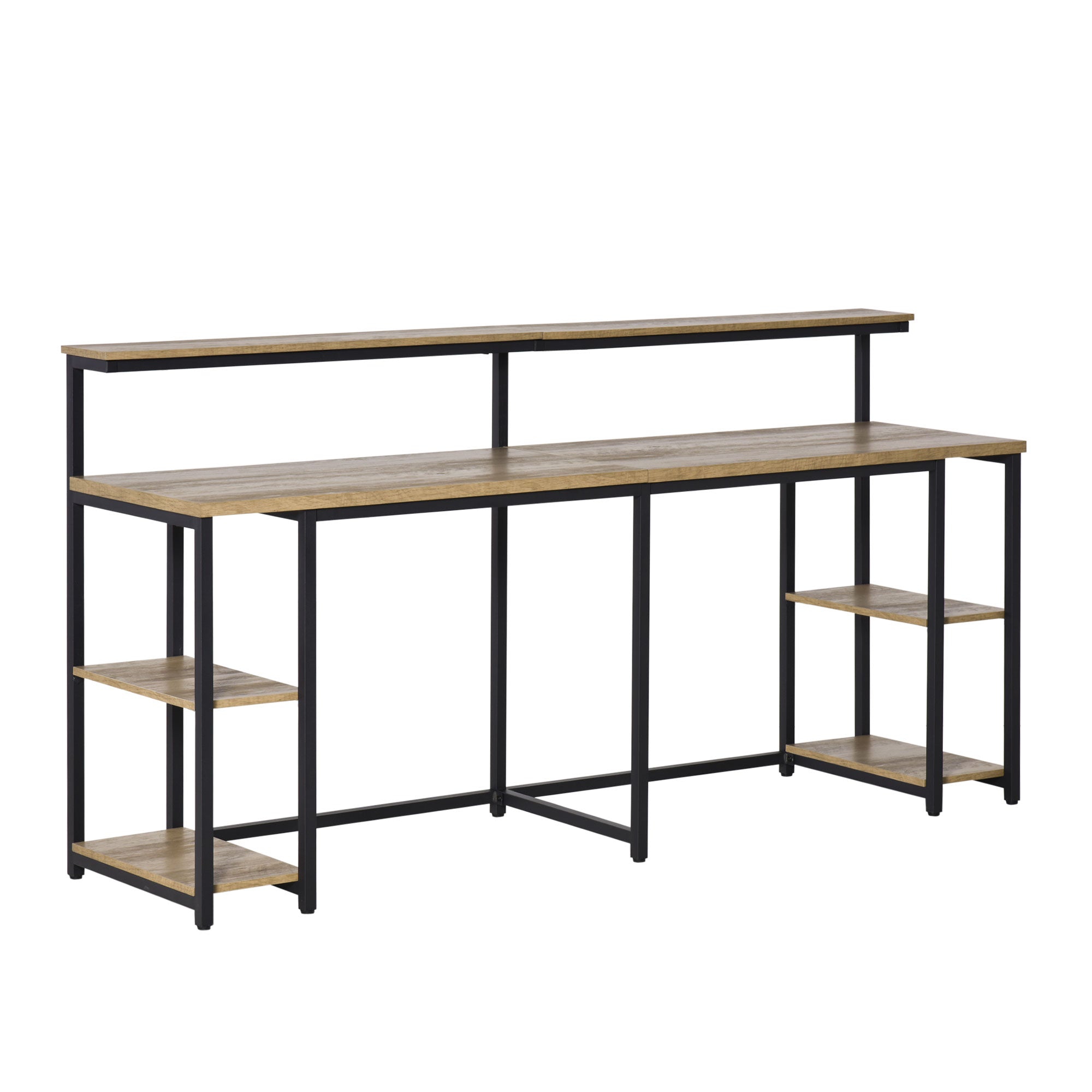 Homcom Double desk with shelves and industrial style shelf in metal and mdf, 200x53x100cm, black brown - Borgè