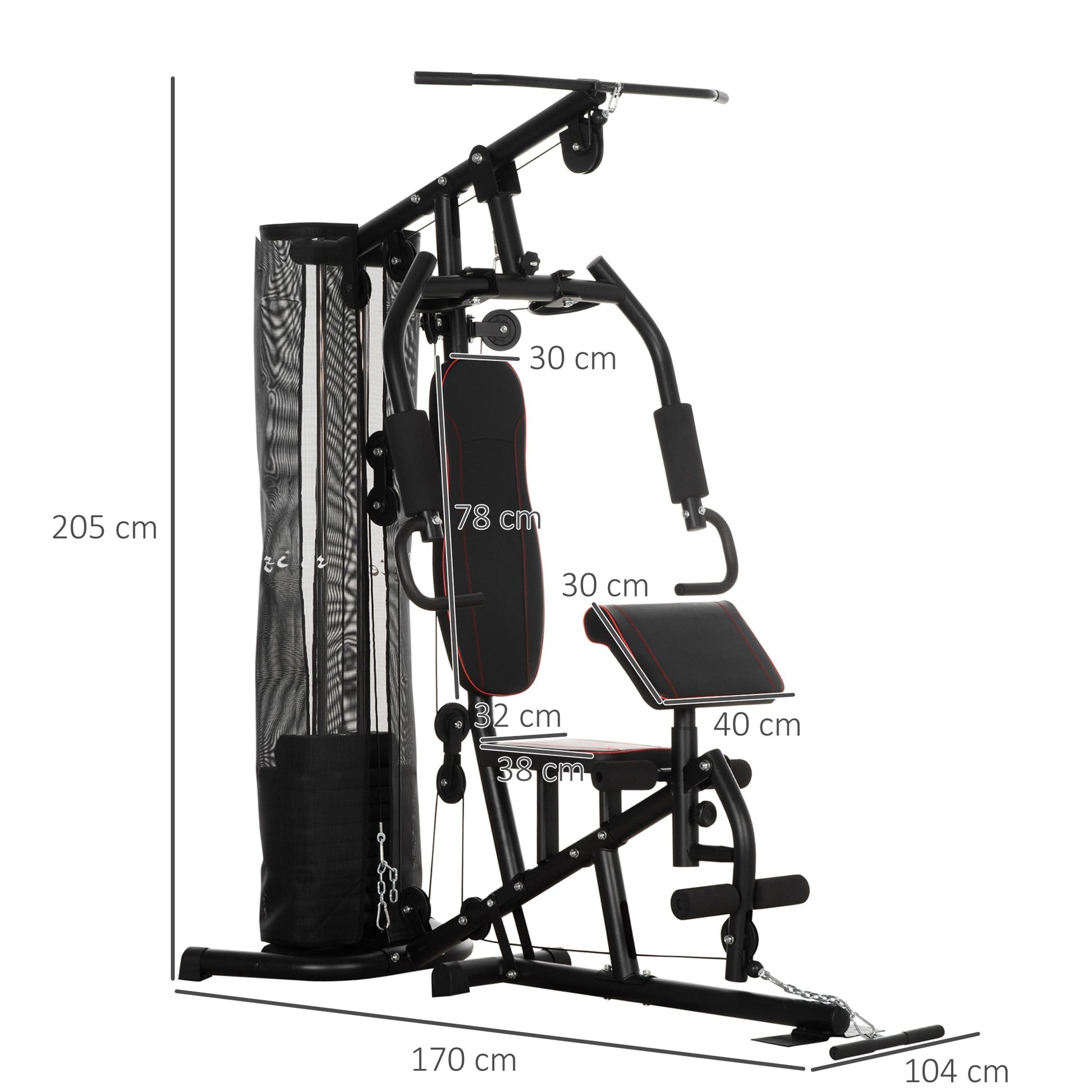 fitness station with 45kg steel weights, multifunction gym for home and professional training, 170x104x205cm, black - Borgè