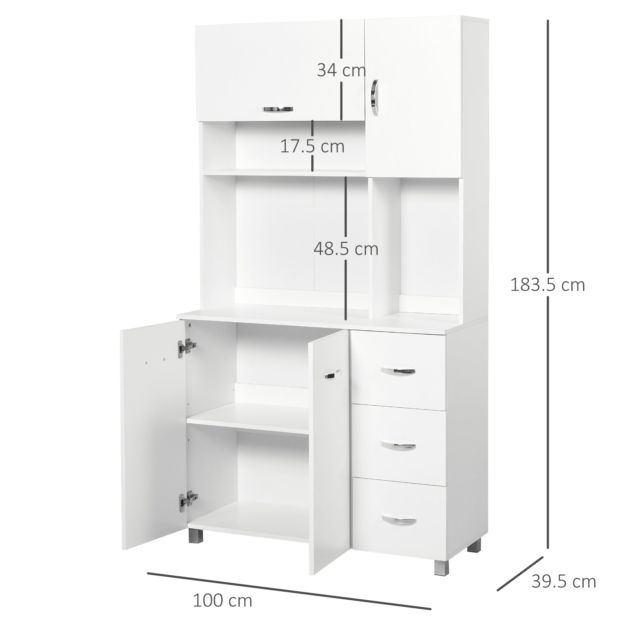Homcom Modern Kitchen Credenza with drawers, cabinets and open shelves, 100x39.5x183.5cm, white - Borgè