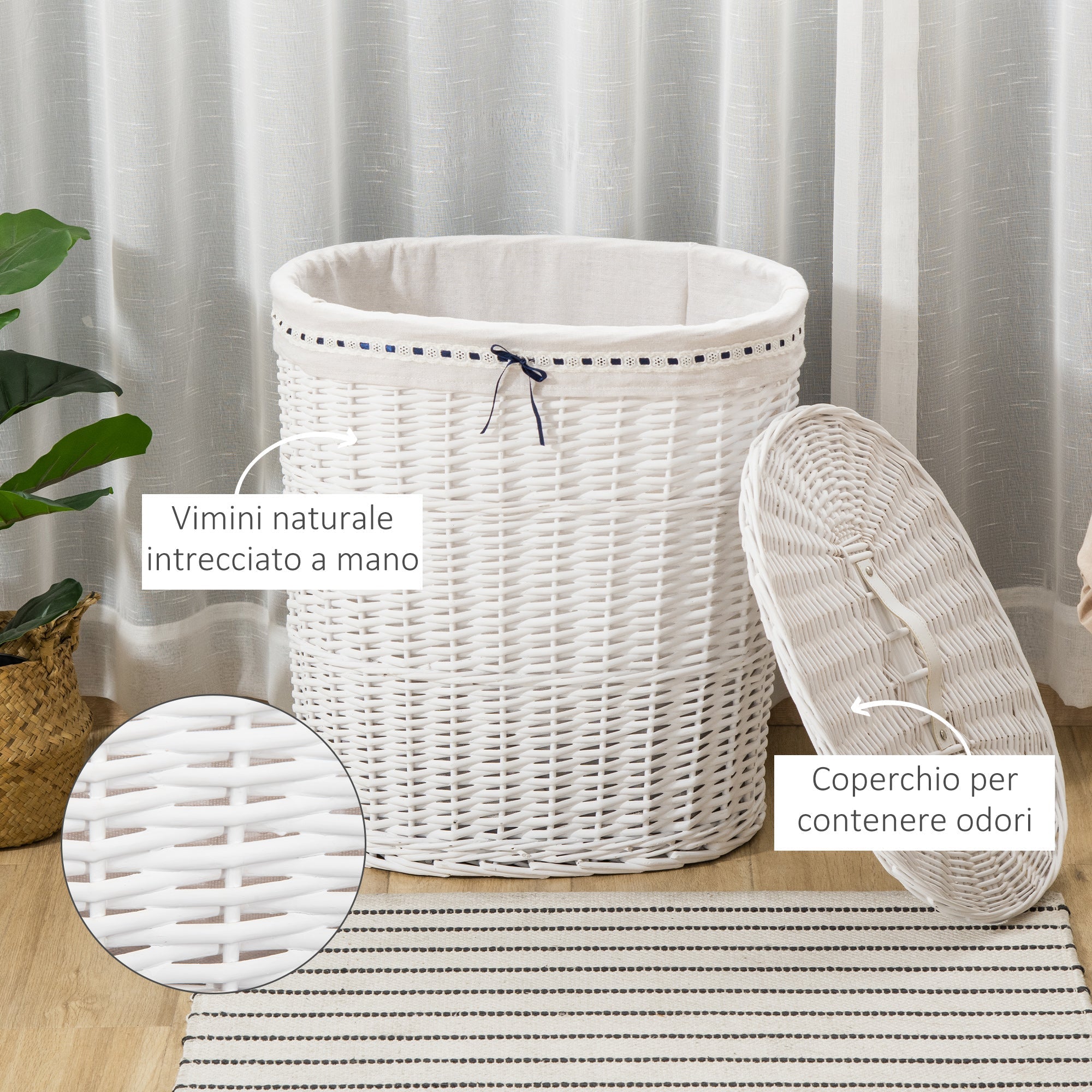 Cesto Boarder holder in wicker with lid and internal sack in washable fabric, white - Borgè