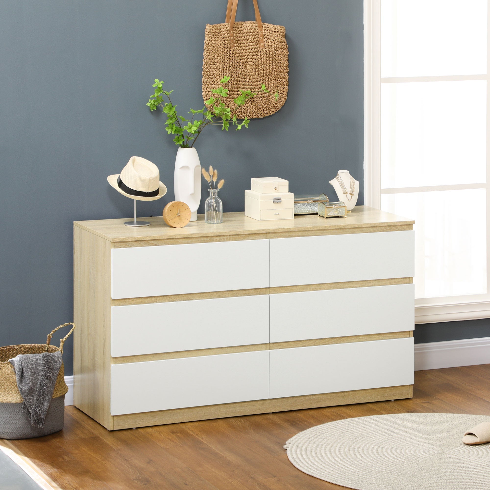 Drawer 6 Modern Drawers in Wooden, 135x48x77cm, White and Wood Color - Borgè