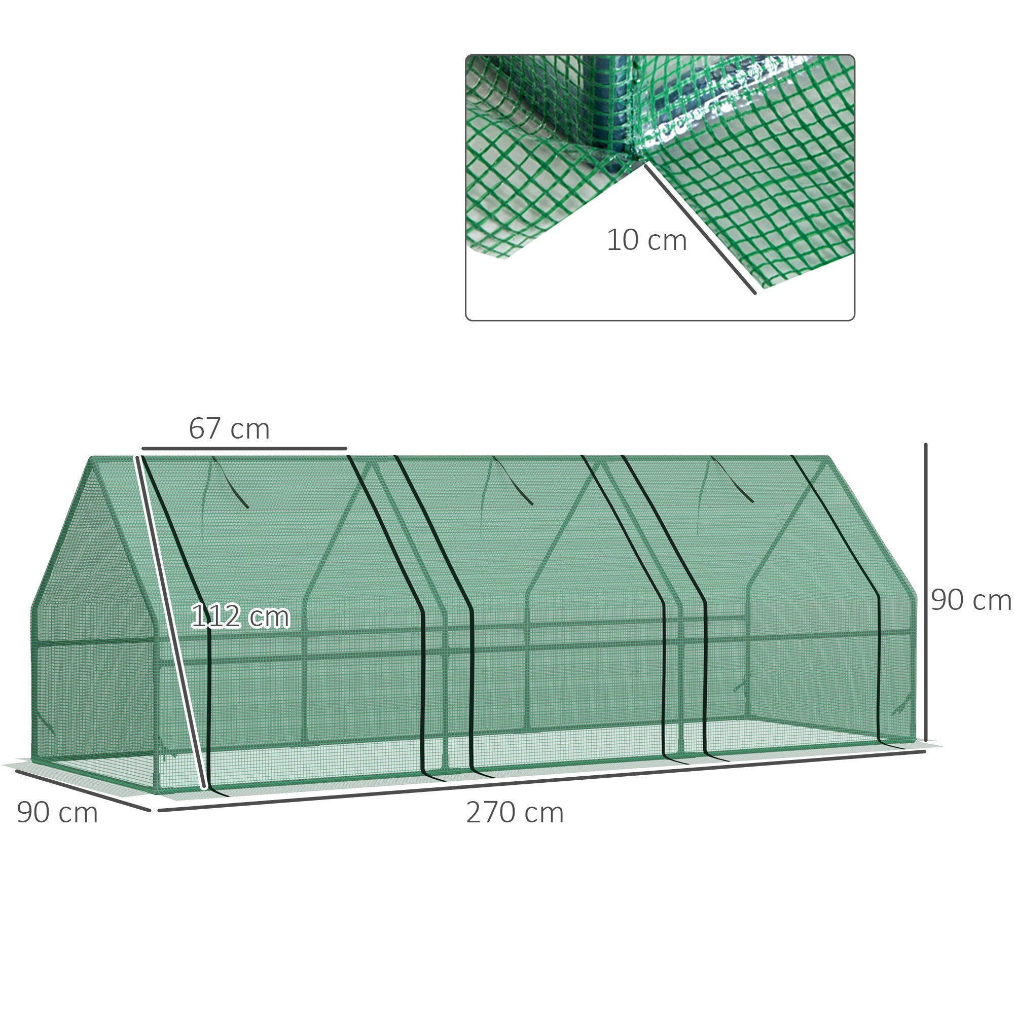 Outsunny PE Tunnel Garden Greenhouse for Plants and Flowers with Extended Edges and Hinged Doors, 270x90x90 cm, Dark Green - Borgè