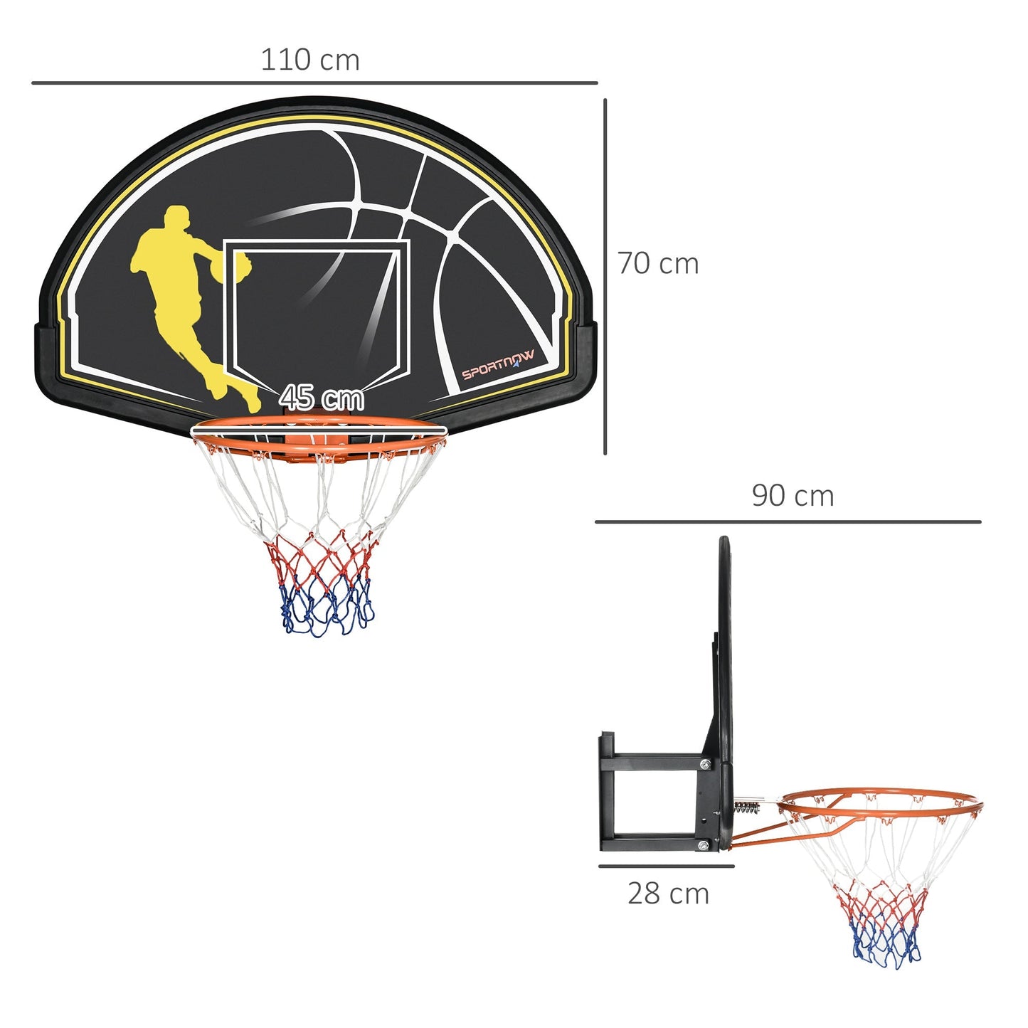 SportNow basketball basket for children and adults from indoor and outdoor in steel and PE, 110x90x70 cm, black and yellow - Borgè