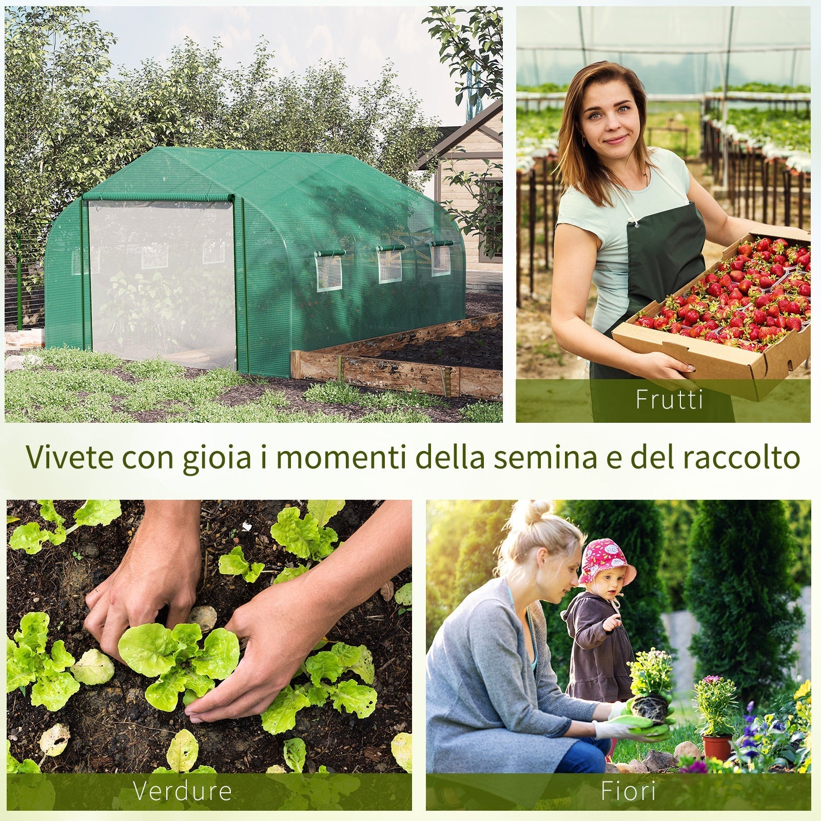 Tunnel Greenhouse with PE Cover and Steel Structure, Roll-Up Door and 6 Windows, 3.5x3x2m, Green - Borge' Group Limited