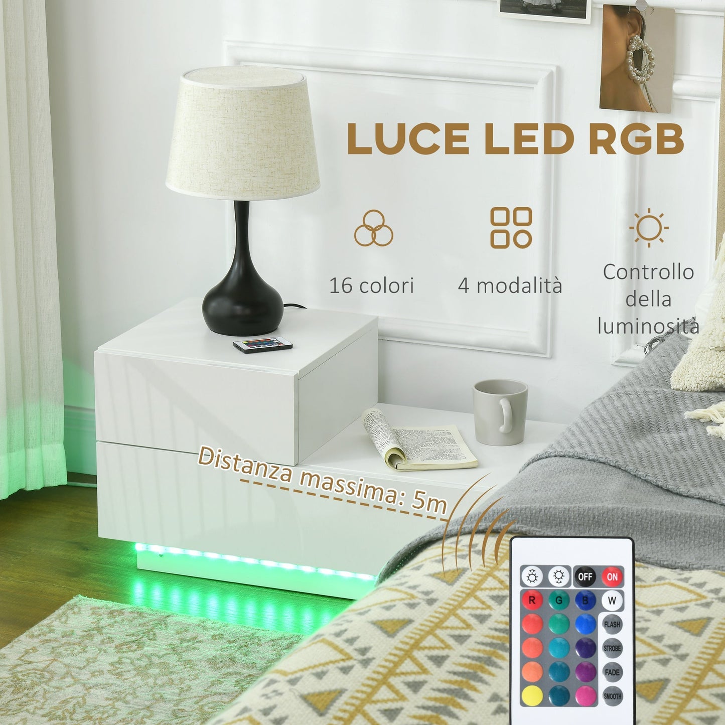 Homcom Modern bedside table with 16 RGB LED lights, remote control and two trooped drawers, 70x37x38cm, white - Borgè