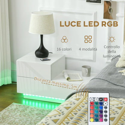 Homcom Modern bedside table with 16 RGB LED lights, remote control and two trooped drawers, 70x37x38cm, white - Borgè