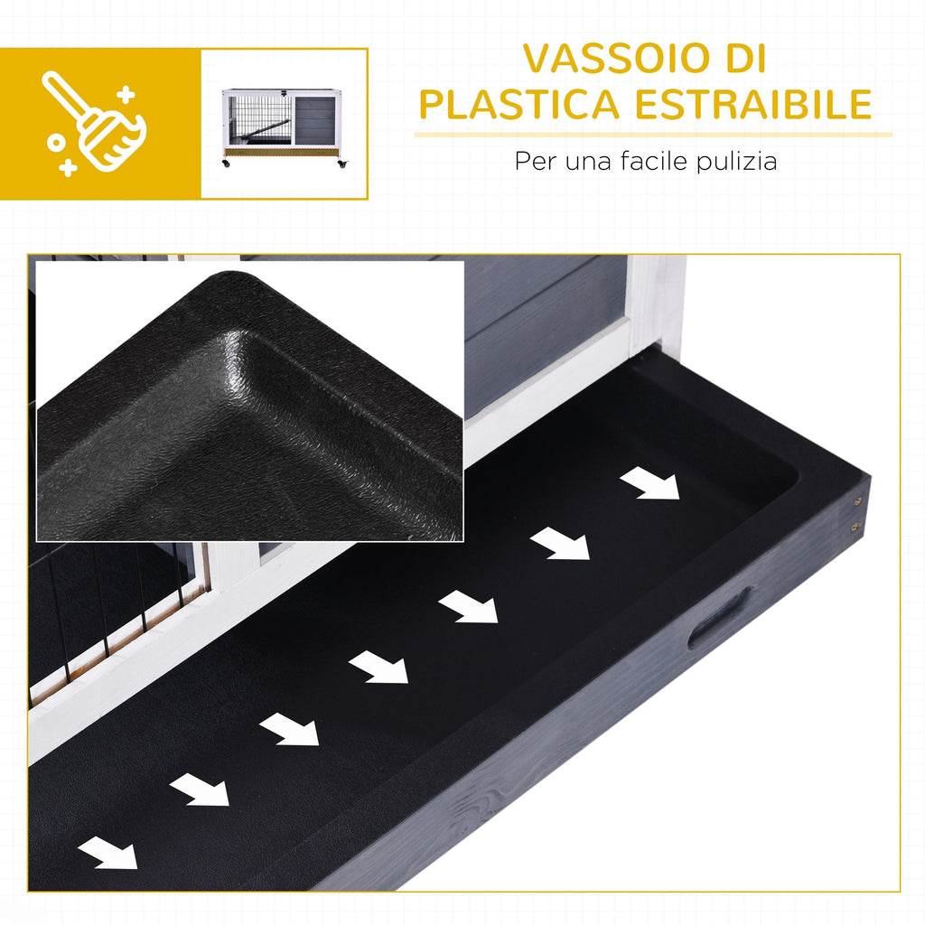 Rabbit and Guinea Pig Cage with 4 Wheels, House and Ramp, Natural Wood, Grey and White, 90x53x59cm - Borge' Group Limited