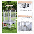 Bird Cage with Wheels Height 161.5cm, Steel Trays and Wooden Perches, Silver - Borge' Group Limited