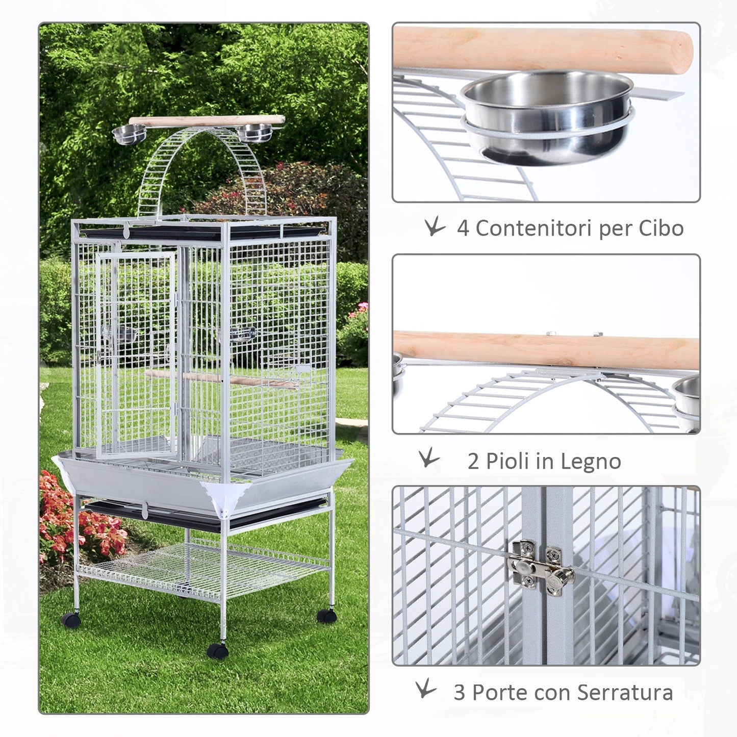 Bird Cage with Wheels Height 161.5cm, Steel Trays and Wooden Perches, Silver - Borgè