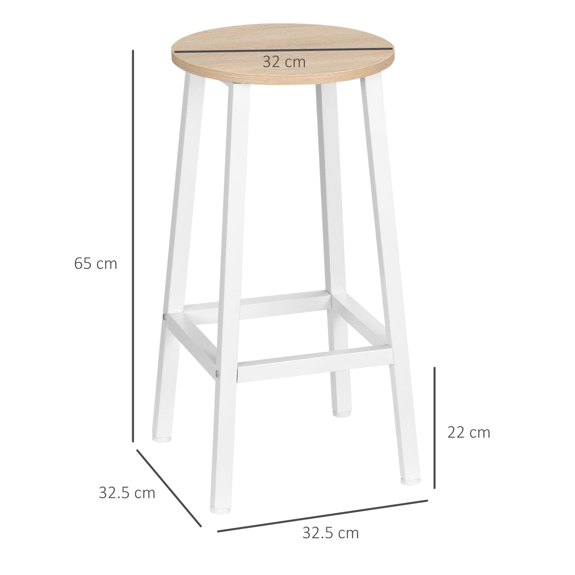 set 2 kitchen stools in chipboard and steel with smooth top and footrests, 32.5x32.5x65 cm, white and wood - Borgè