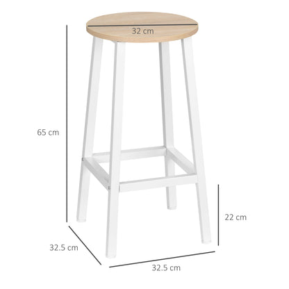 set 2 kitchen stools in chipboard and steel with smooth top and footrests, 32.5x32.5x65 cm, white and wood - Borgè