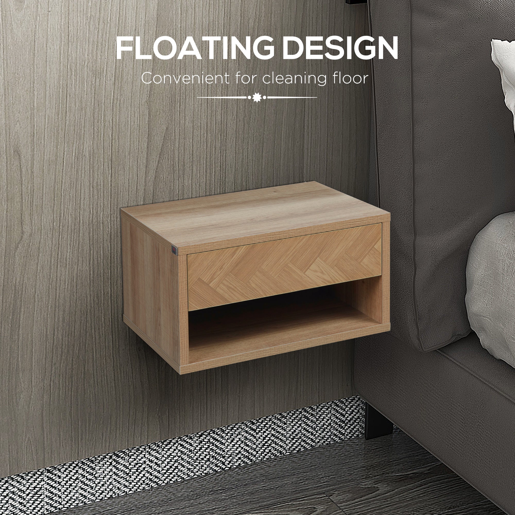Set 2 modern bedside tables suspended with drawer and wooden shelf 37x32x21cm, natural color - Borgè