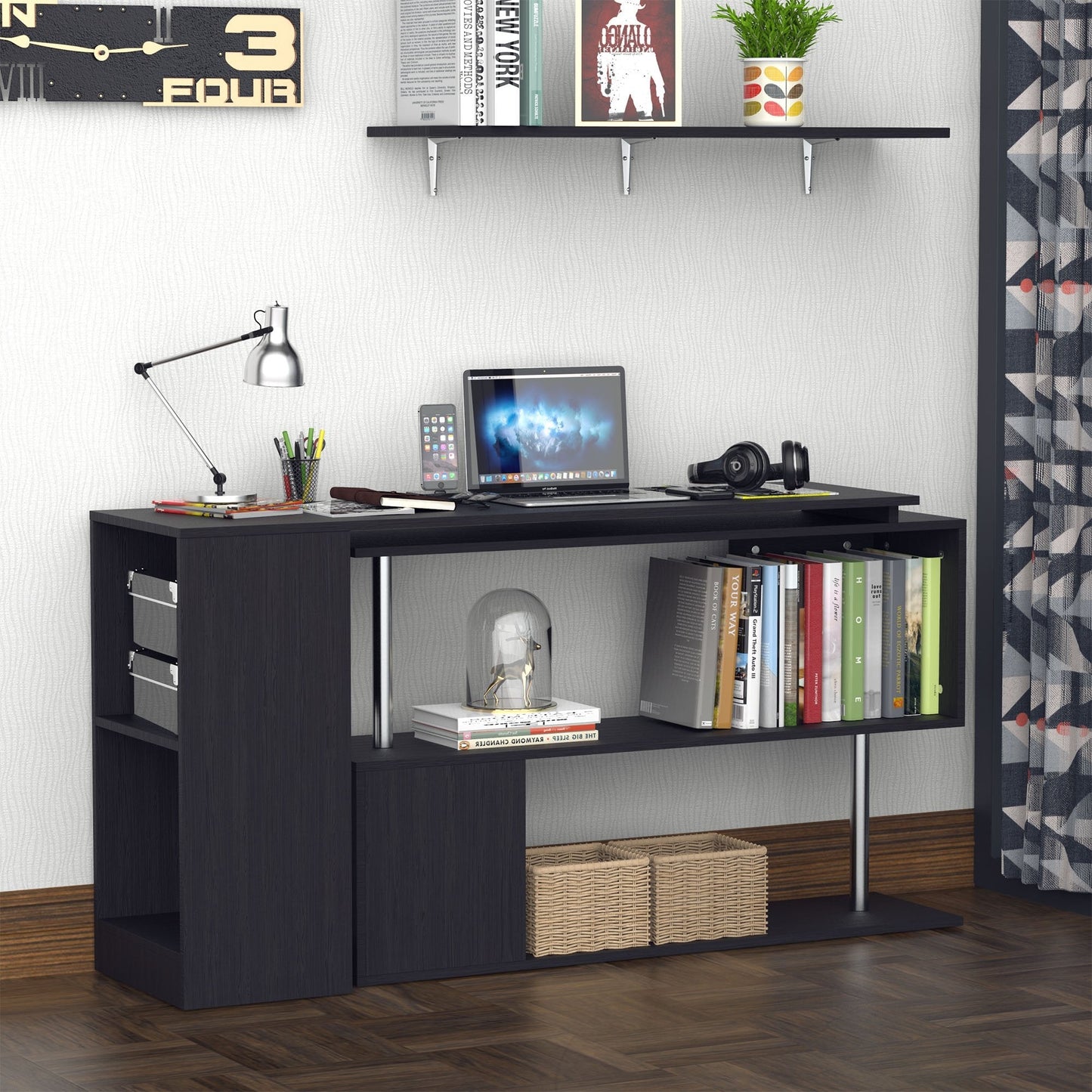 Corner Computer Desk with Shelves 360Â° Swivel L Shape Wooden