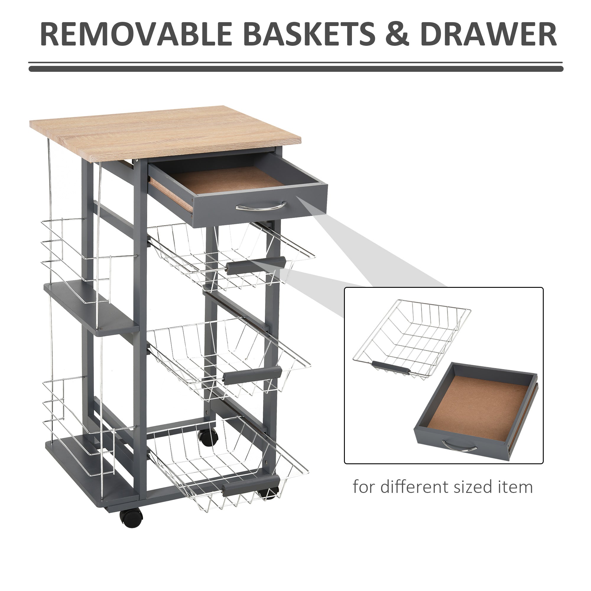 Homcom kitchen trolley with removable drawers and 2 hobs, in pine wood and metal, 47x37x83 cm - Borgè