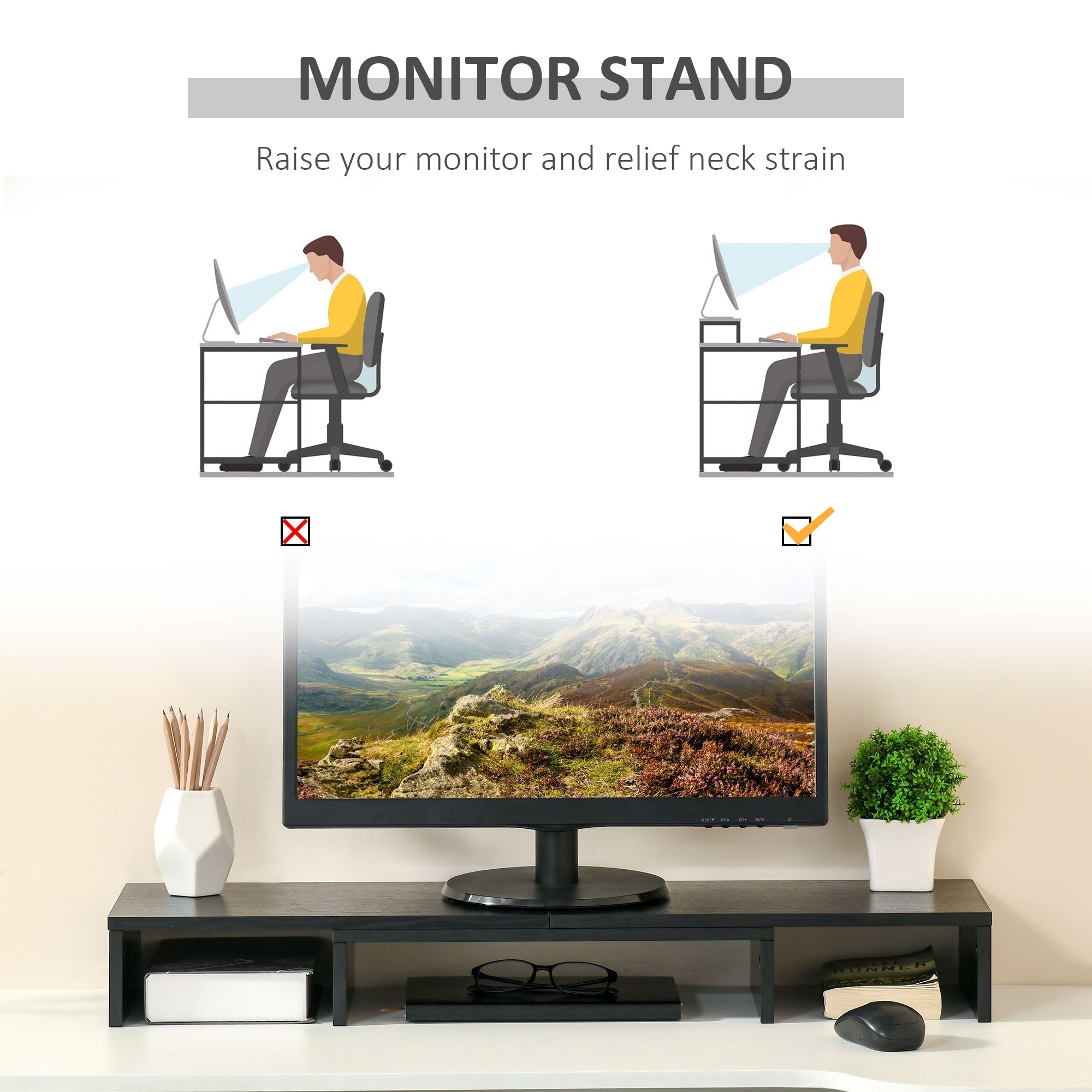 MDF monitor support with length and angle adjustable laptop, PC, printers and TV, 80-117x23.5x10cm, black - Borgè