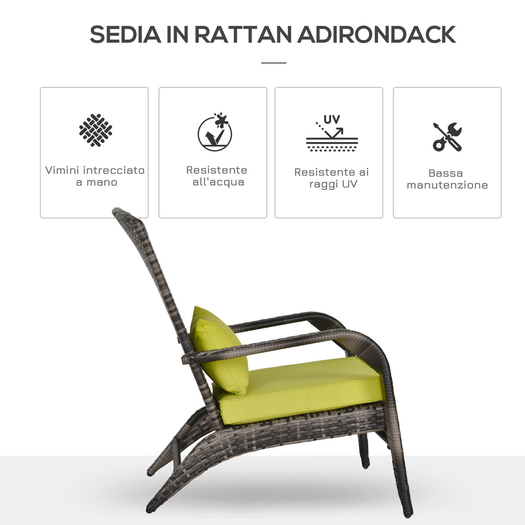 Adironrack Garden Chair with Armrests and Cushions, Rattan and Steel Chair for Indoor and Outdoor Use, 64x80x90 cm, Green - Borge' Group Limited