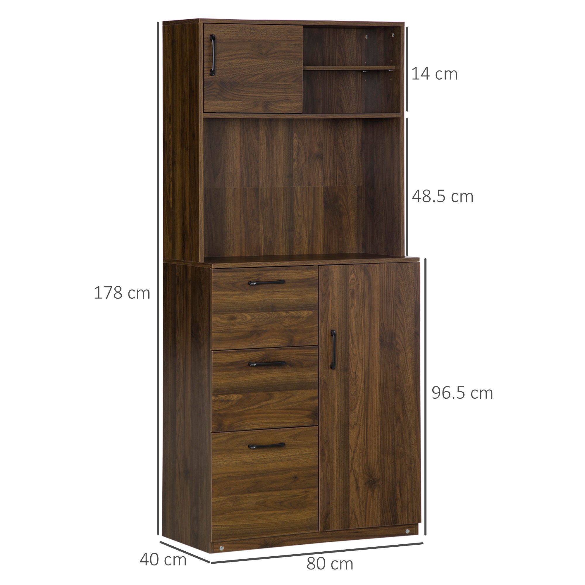 Modern Credenza with 3 drawers and lockers, furniture pantry for kitchen and living room in wood, 80x40x178cm, walnut - Borgè
