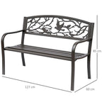 Waterproof Steel and Cast Iron Outdoor Garden Bench, Backrest with Natural Pattern Decorations, 127x60cm, Brown - Borge' Group Limited