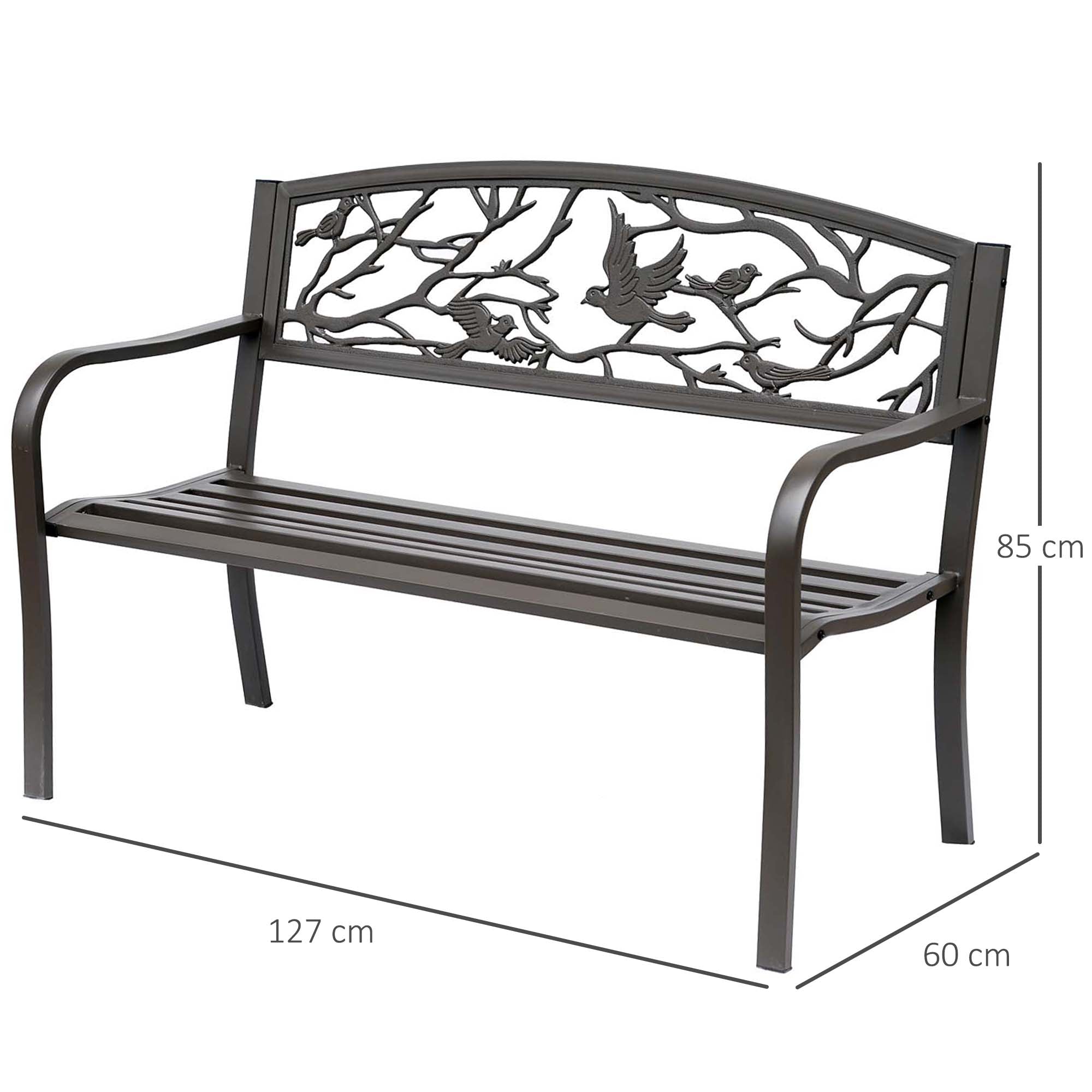 Waterproof Steel and Cast Iron Outdoor Garden Bench, Backrest with Natural Pattern Decorations, 127x60cm, Brown - Borge' Group Limited