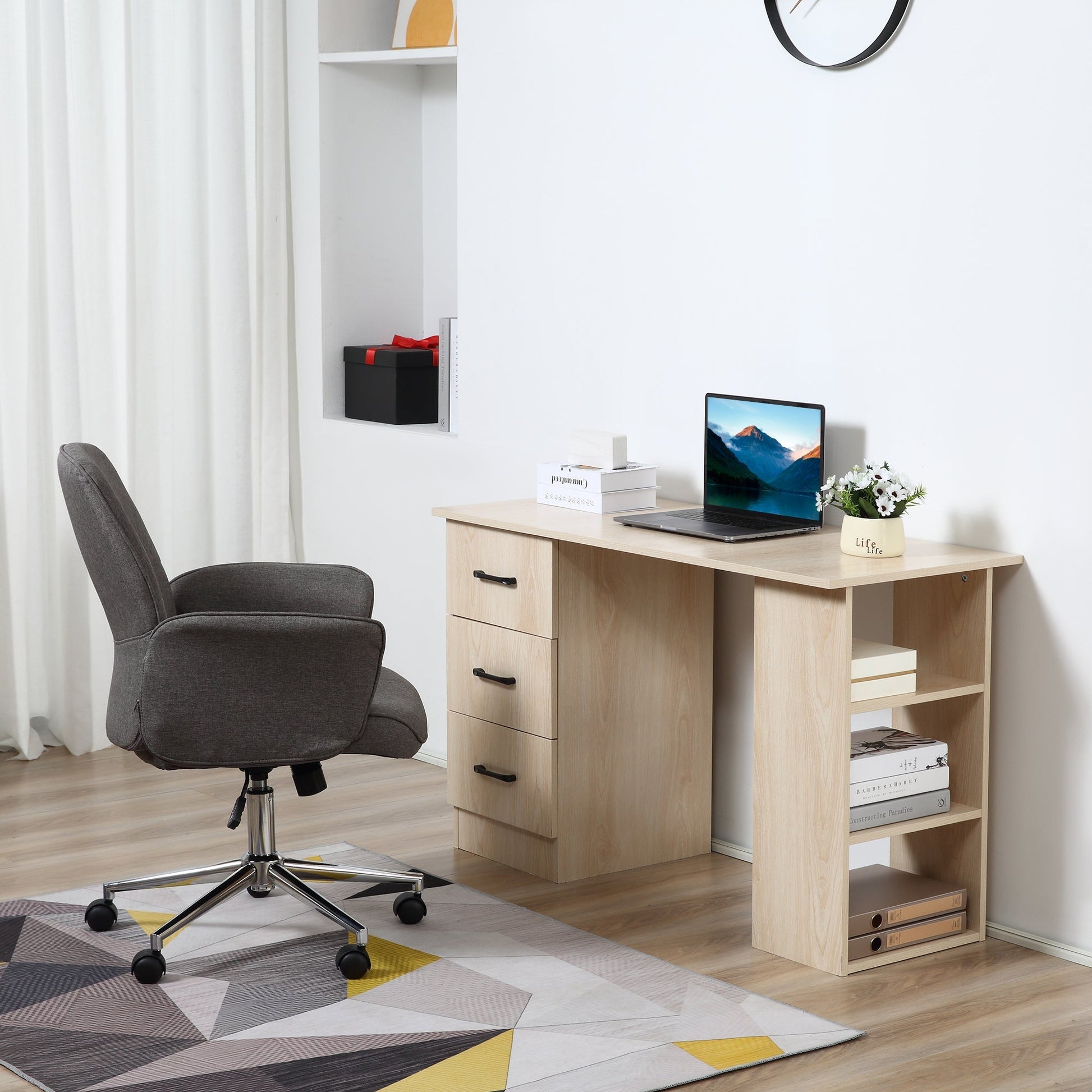 Modern PC Desk per room with 3 drawers and 3 wooden shelves for home and office 120x49x72cm - Borgè