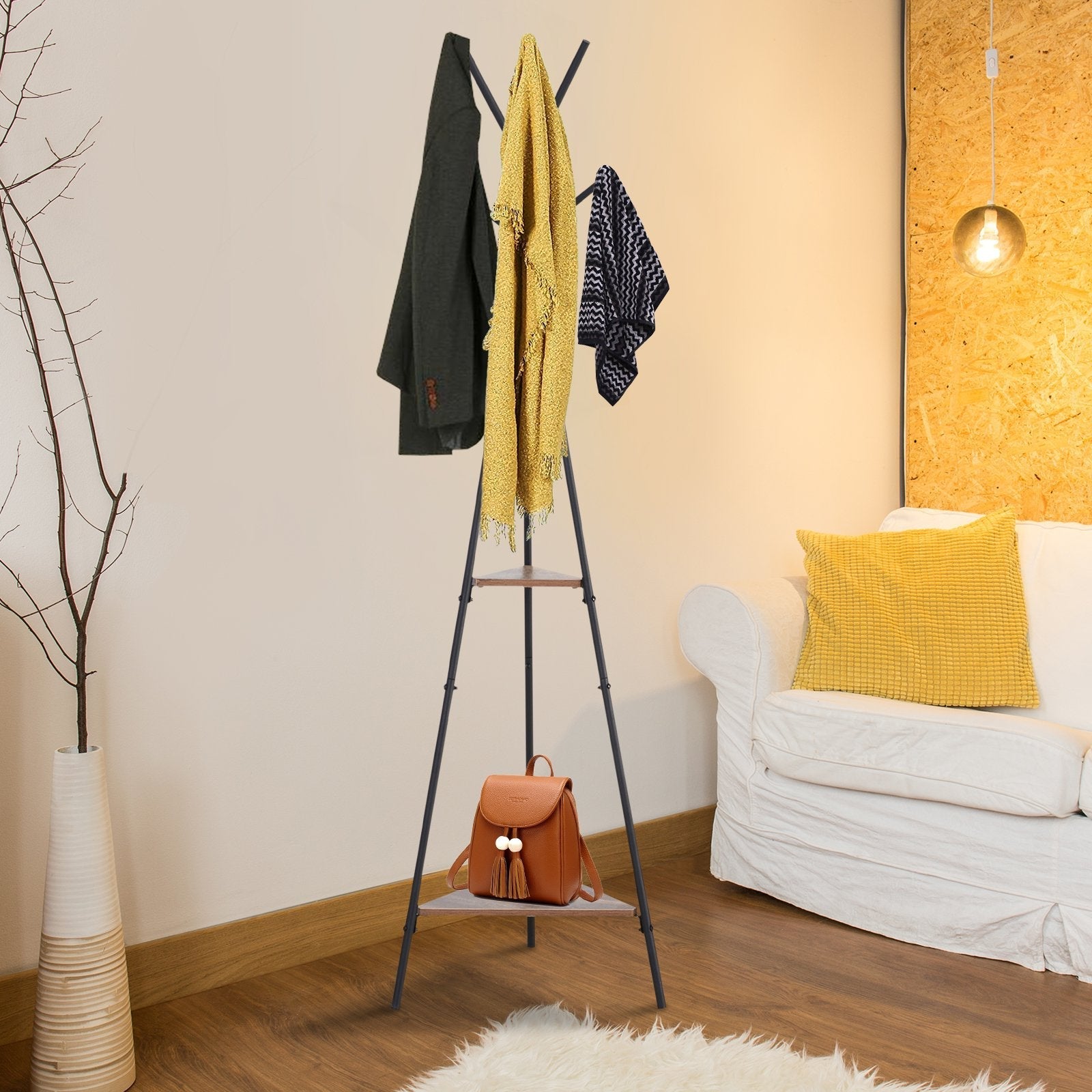 Homcom Tree Hamper with 2 black and brown metal and wood shelves - Borgè