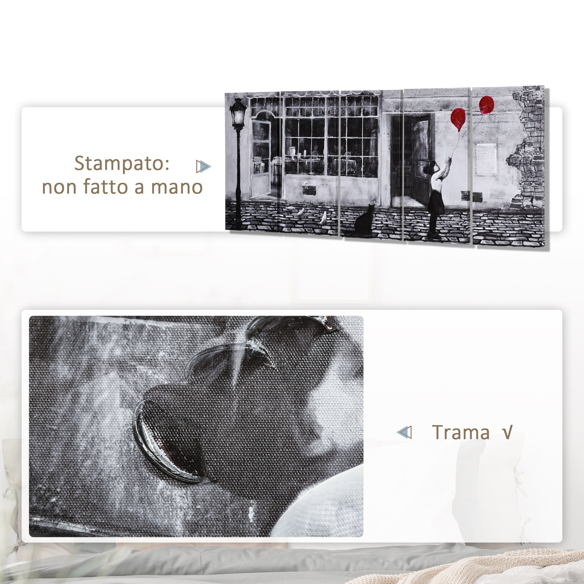 Canvas Print with Little Girl, 80x40cm, 5 Pieces for Home and Office, Pine Wood Canvas and Water-Based Paint, Black White Red - Borgè