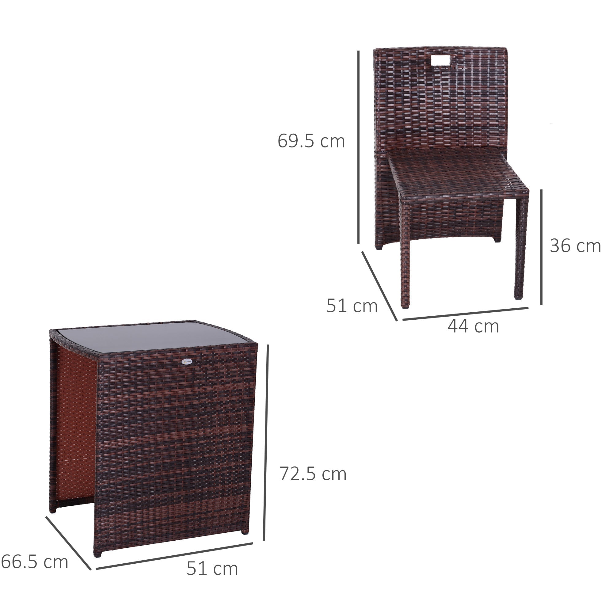 2-Piece Space-Saving Rattan Garden Furniture Set with 1 Table and 2 Chairs with Cushions, Brown and Beige - Borge' Group Limited