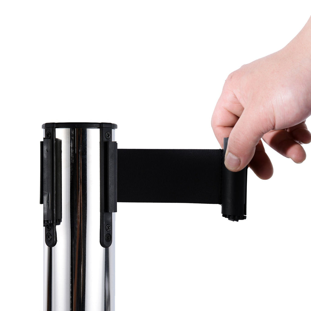 Silver Retractable Bollards | with black ribbon of 2m in Stainless Steel and Nylon | ф32x90cm - Borgè