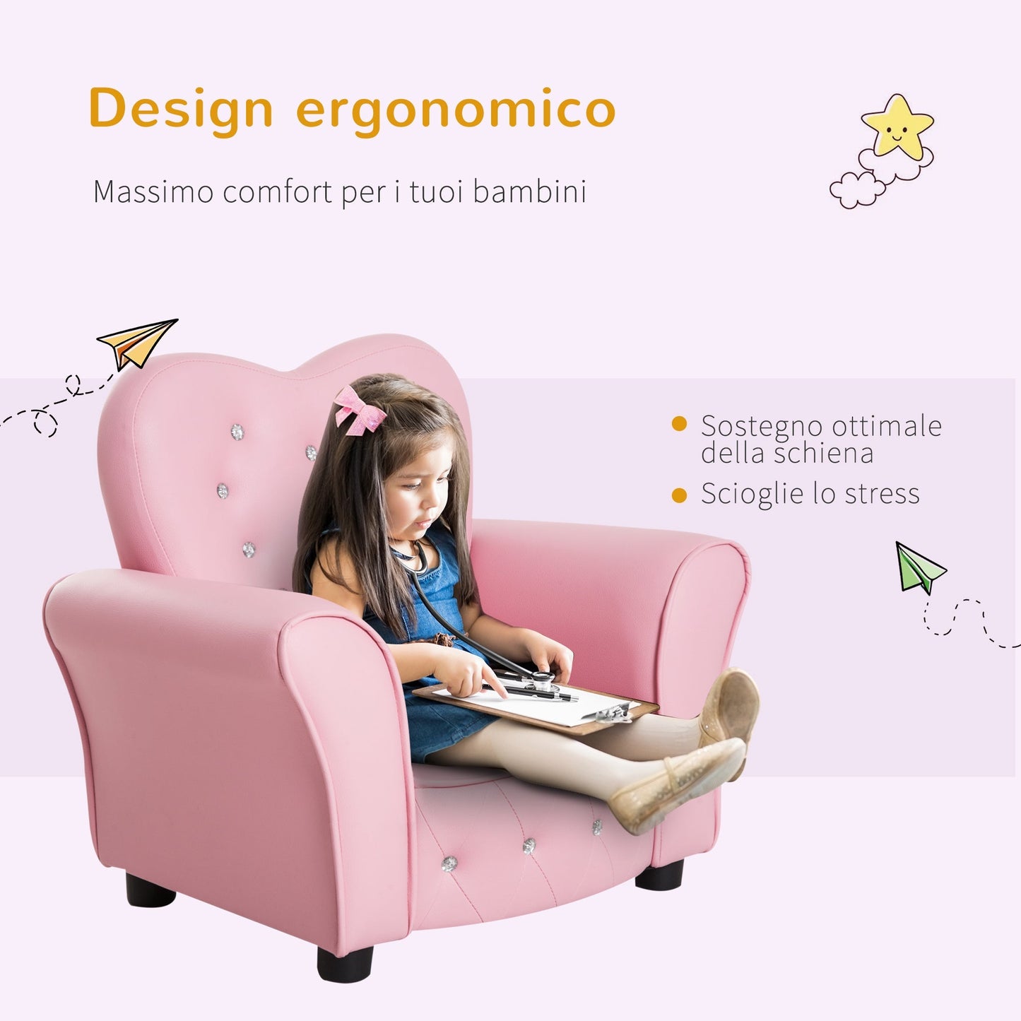 armroncin for padded children, bedroom armchair with pvc coating and wooden structure, 59x41.5x49cm, pink - Borgè