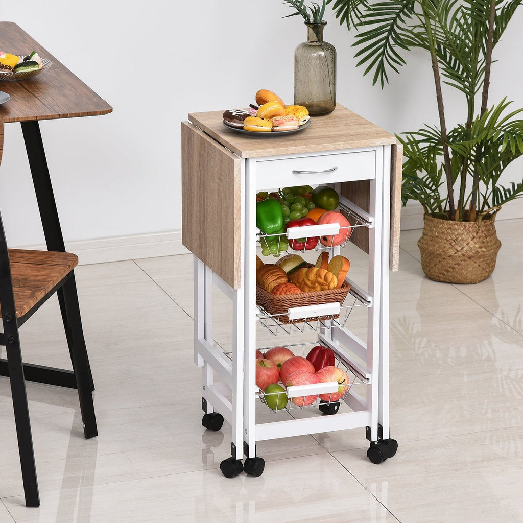 kitchen trolley with 3 baskets, drawer and flaps, 6 swivel wheels, in MDF and metal, 37x37x77.5cm, white and wood - Borgè