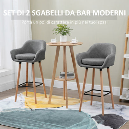 set of 2 modern bar stools with pillow, wooden legs and Grey fabric covering - Borgè