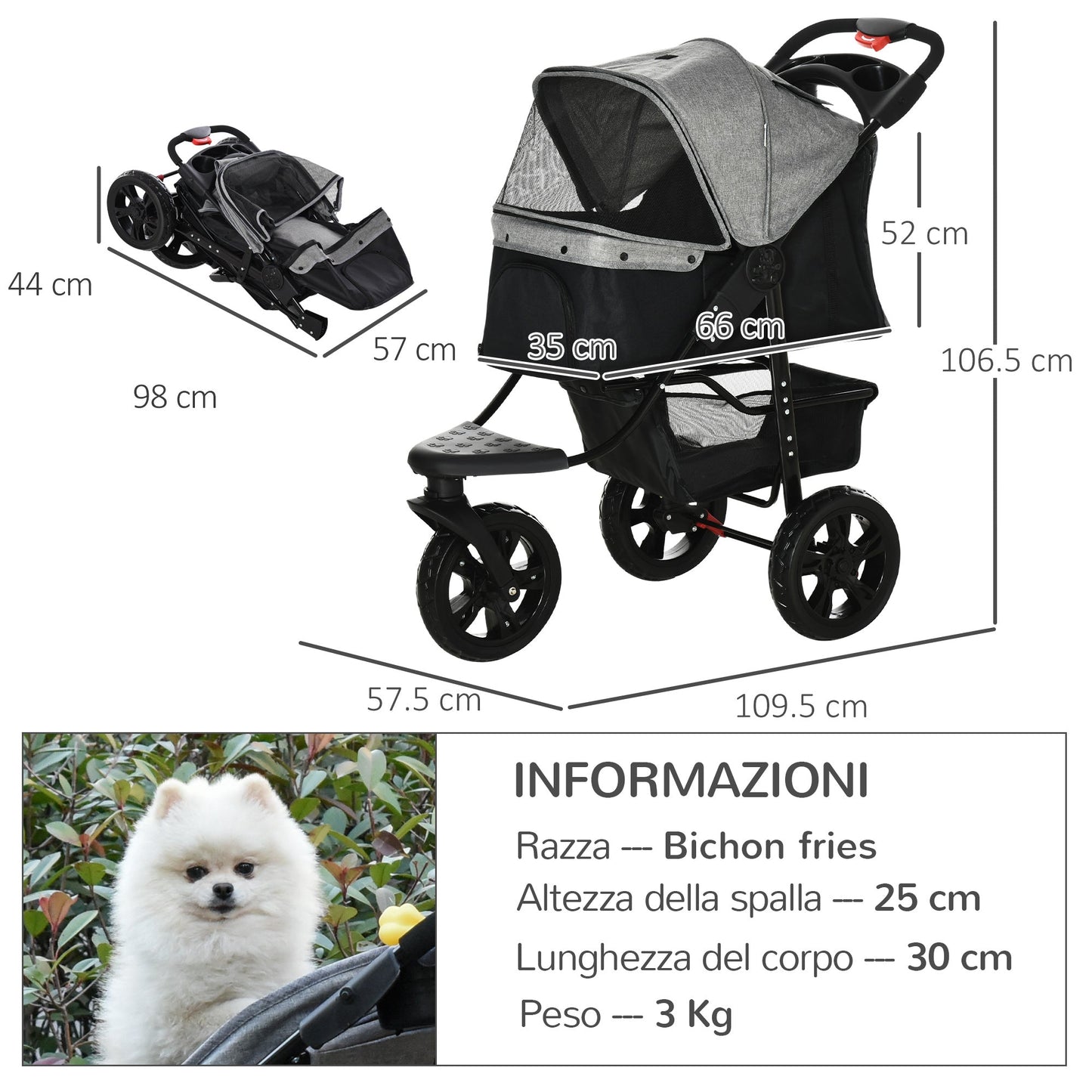 PAWHUT 3 -wheel folding dog stroller with brake, storage basket and bottle holder, in steel and oxford, Grey and black, 109.5x54.5x106.5cm - Borgè