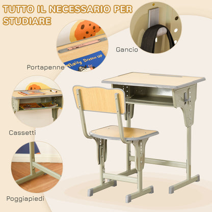 School desk with children's chair 6-12 years adjustable height container and carpels - wood - Borgè