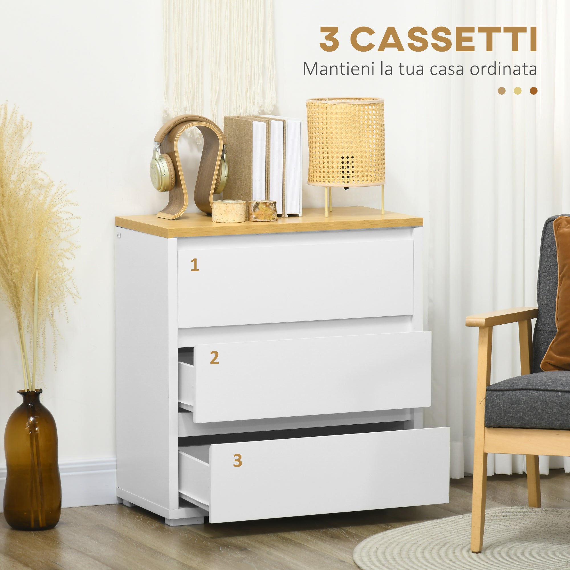 Homcom 3 -drawer chest of drawers in white chipboard for bedroom, study and living room, 70x37x75cm - Borgè
