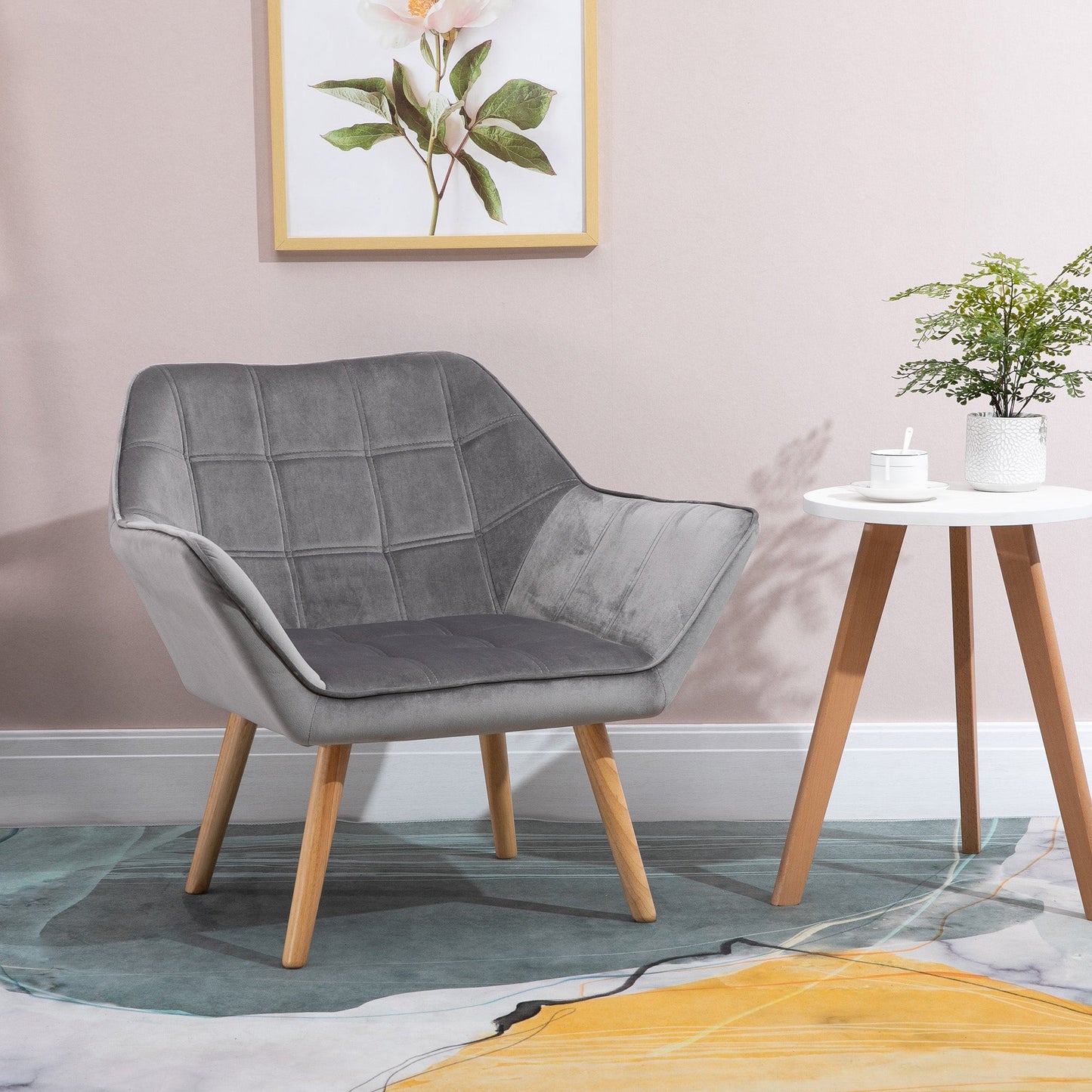 TROMSO | Nordic style armchair in wood and Grey velvet effect for living room or office | 64x62x72.5 cm