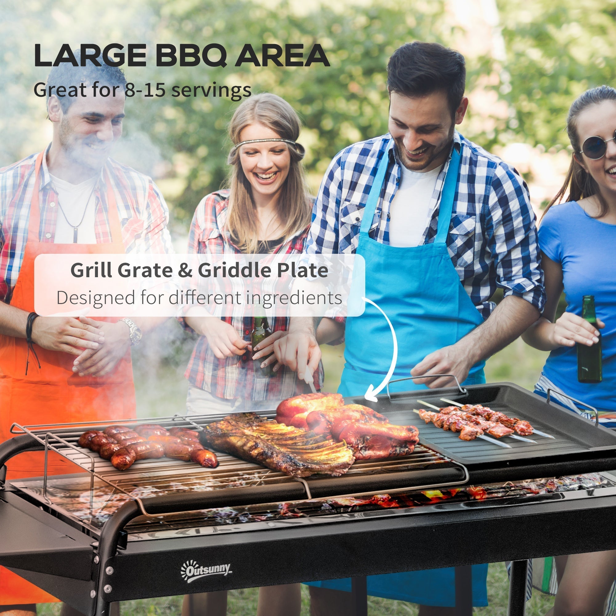Charcoal Barbecue with Grill and Steel Plate with Side Shelves, 113x59x83.5cm, Black - Borge' Group Limited