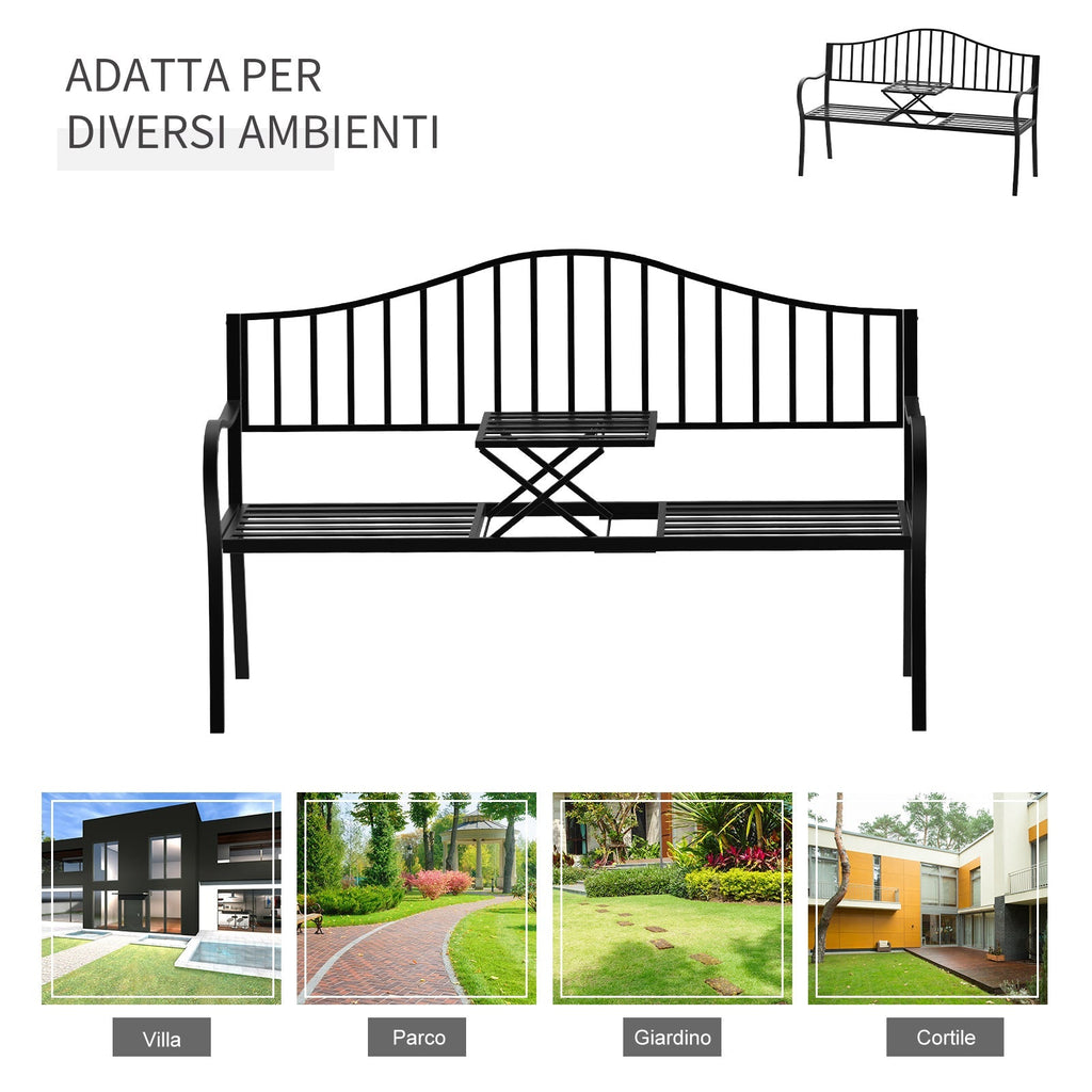 2-Seater Outdoor Bench, Garden Bench with Extendable Metal Table 150 x 53 x 95 cm Black - Borge' Group Limited