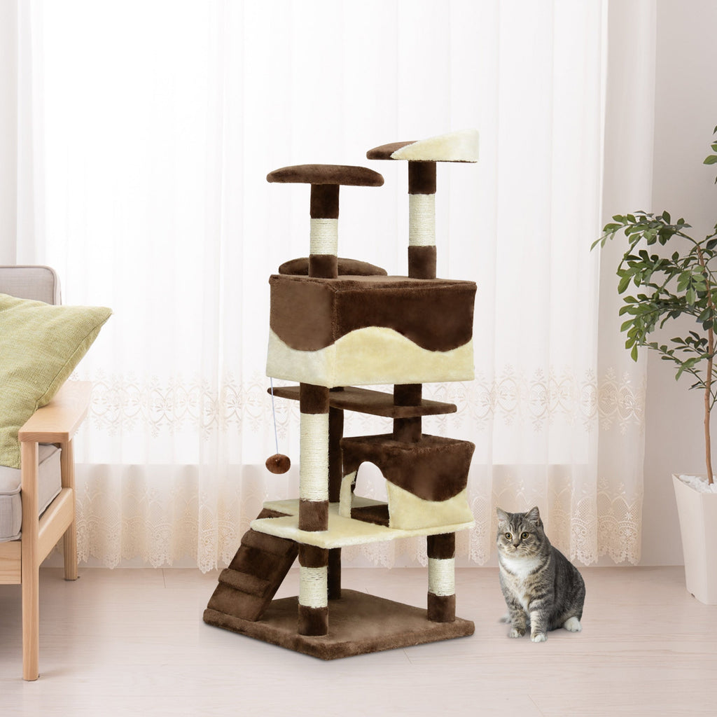 Cat Tree for cats with Scratch Pole and playing ball in Coffee and cream colour, 50x50x132cm - Borge' Group Limited