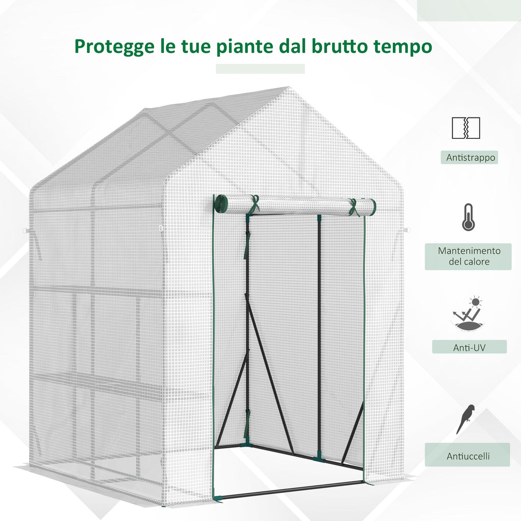 Outdoor Garden Greenhouse in Steel and PE with 2 Shelves and Roller Door, 143x143x195 cm, White - Borge' Group Limited