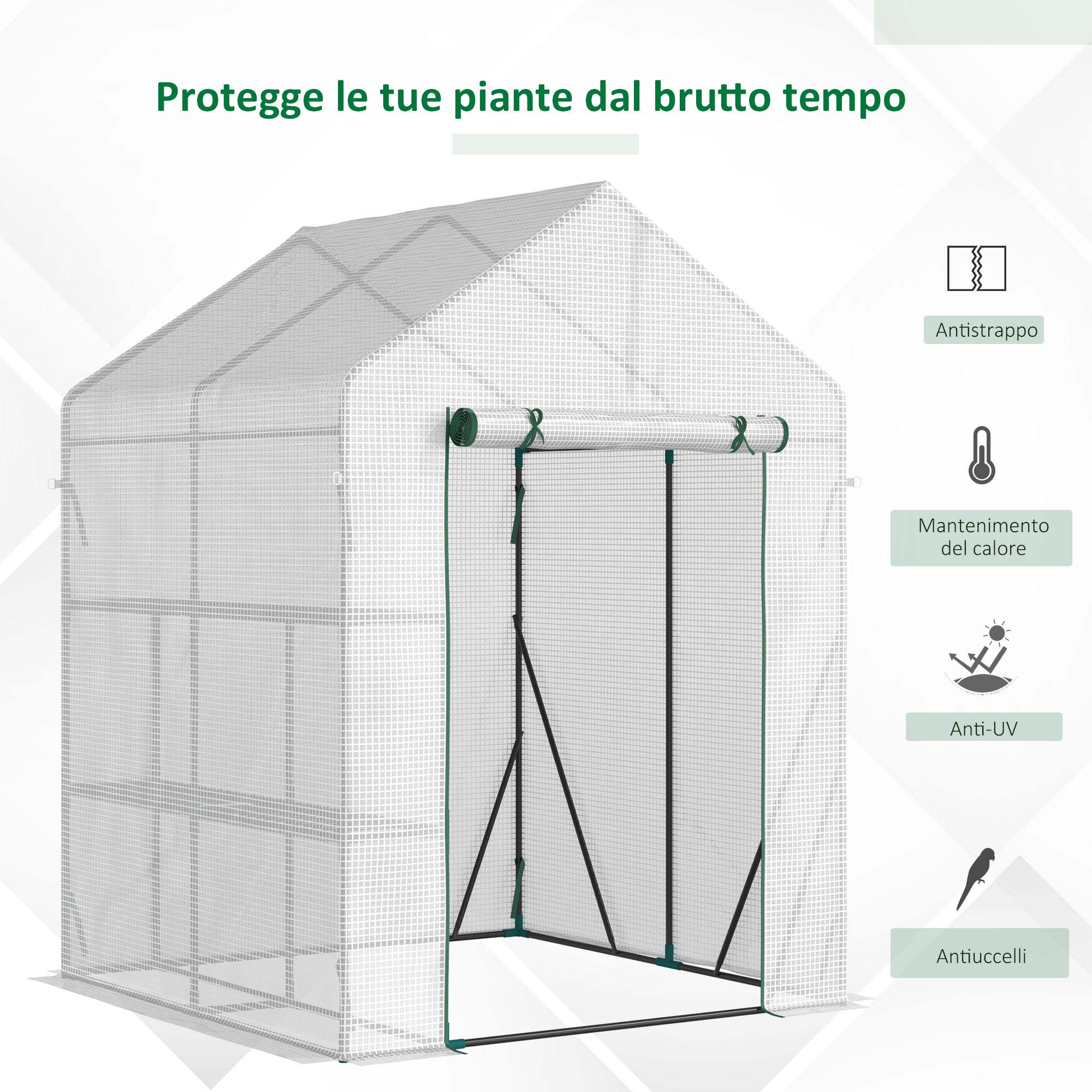Outdoor Garden Greenhouse in Steel and PE with 2 Shelves and Roller Door, 143x143x195 cm, White - Borge' Group Limited