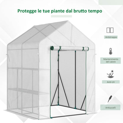 Outsunny Outdoor Garden Greenhouse in Steel and PE with 2 Shelves and Roller Door, 143x143x195 cm, White - Borgè