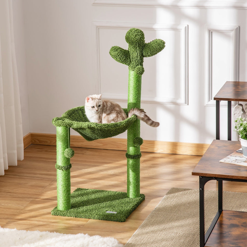 Cat Tree for cats with Scratch Pole up to 4.5kg in the shape of cactus with balls and Bed, 60x35x78cm - green - Borge' Group Limited
