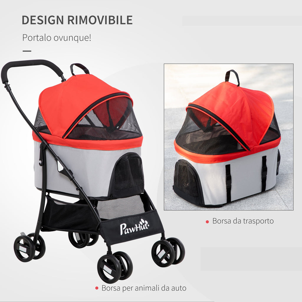 Foldable Dog Stroller with Removable Carrier and Canopy, 82x49. 5x98cm, Red - Borge' Group Limited
