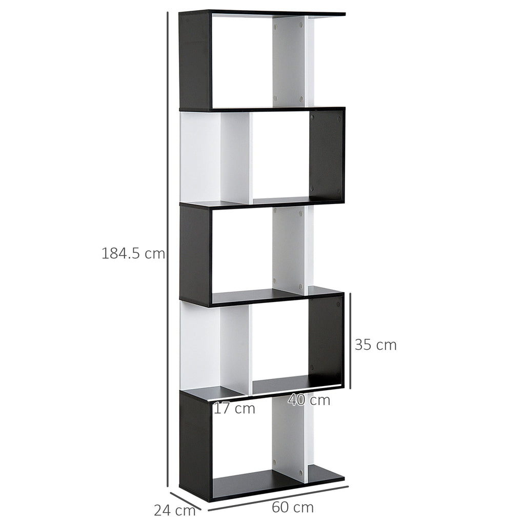 Homdom Modern Wall Library 5 Black and Black Wooden Woodlings, 60x24x184.5cm - Borgè