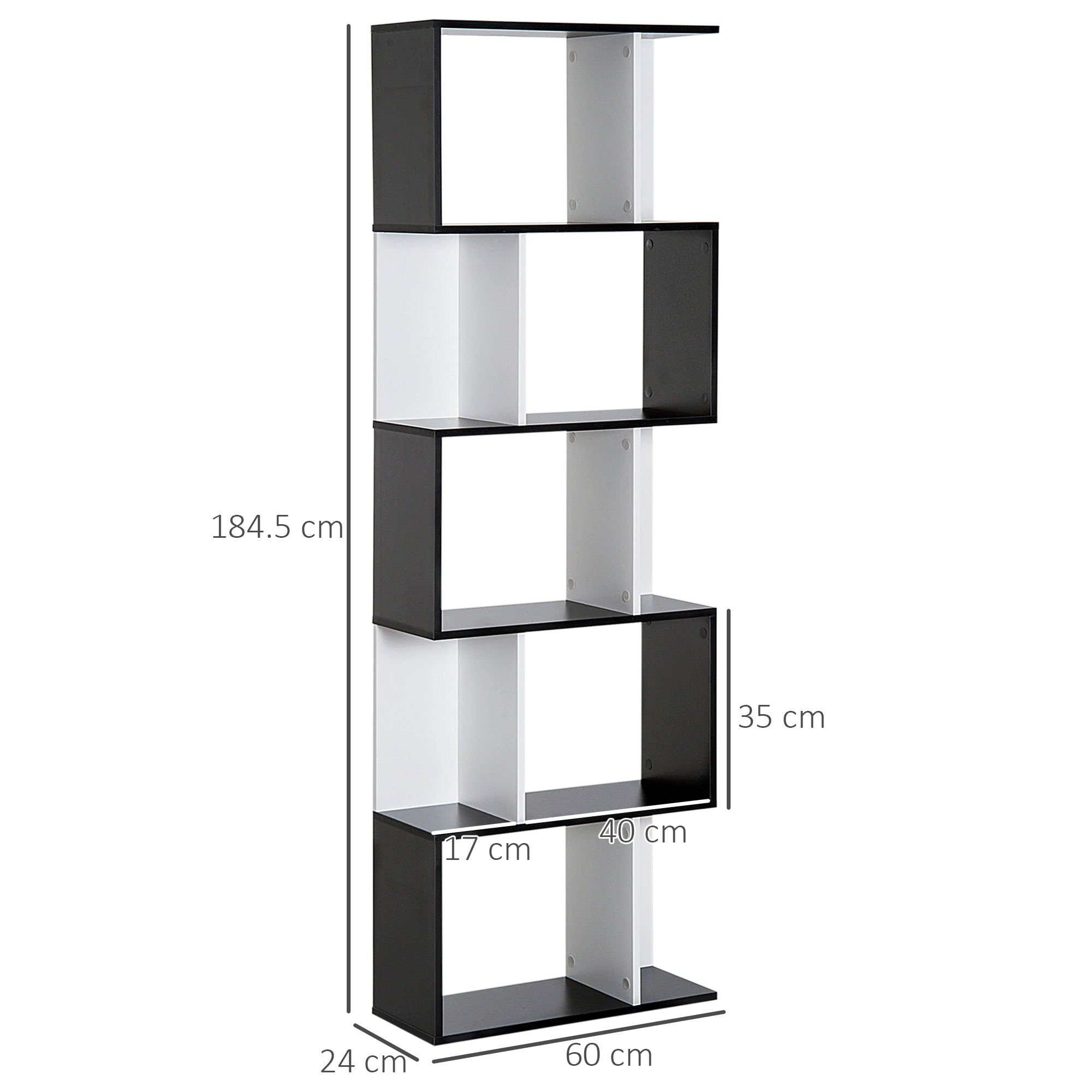 Homdom Modern Wall Library 5 Black and Black Wooden Woodlings, 60x24x184.5cm - Borgè