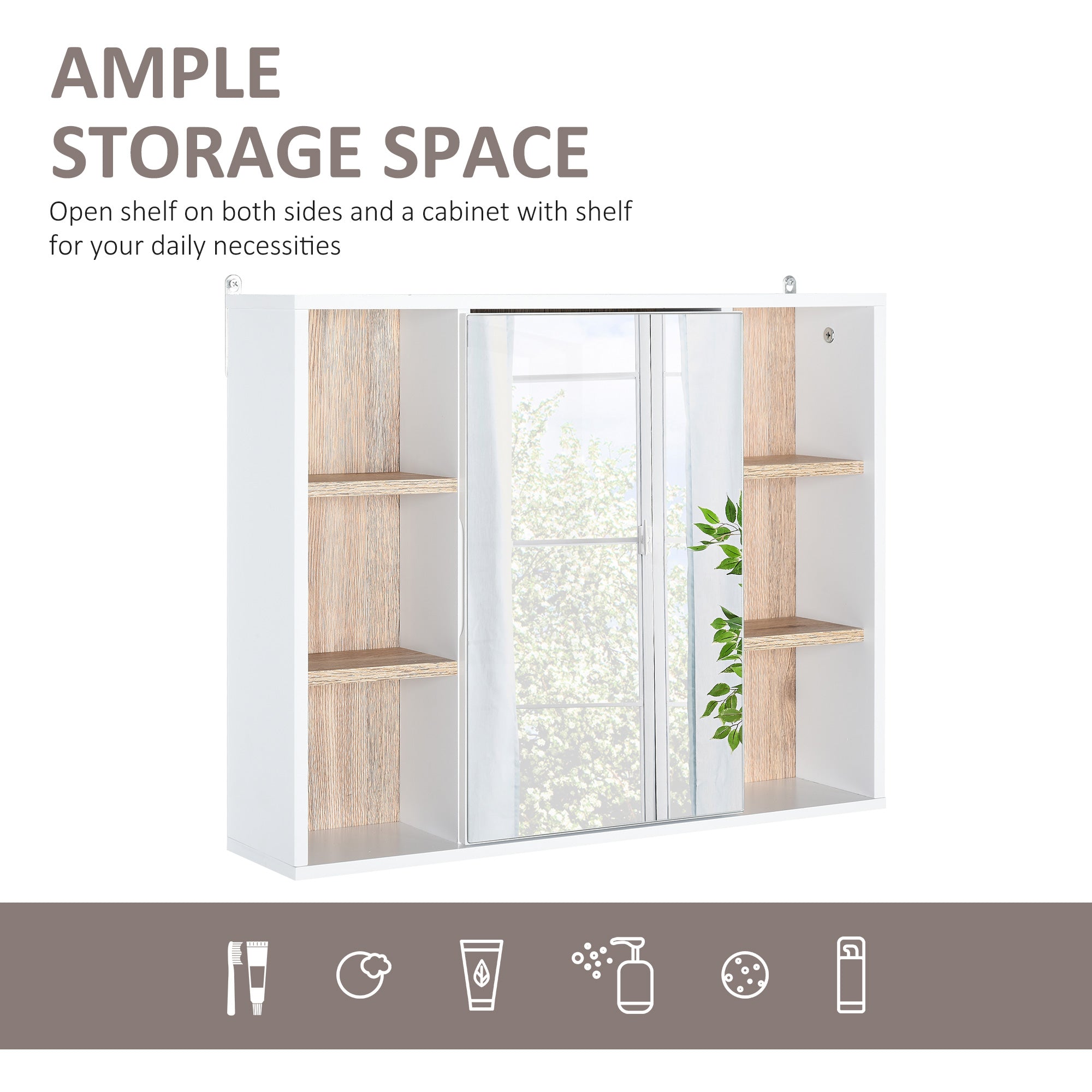 Homcom cabinet with mdf mirror and chipboard with 3 side shelves and internal adjustable shelf, 60x14.5x49.4 cm - Borgè